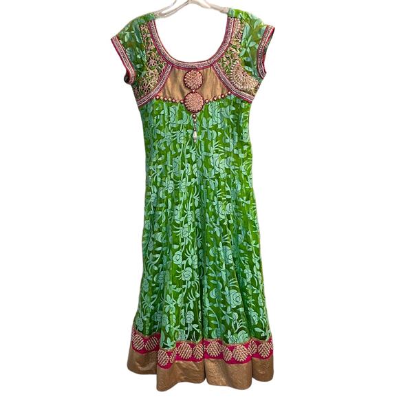 Karishma Women's Green Short Sleeve Round Neck Embellished Fit & Flare Dress S - Picture 10 of 16